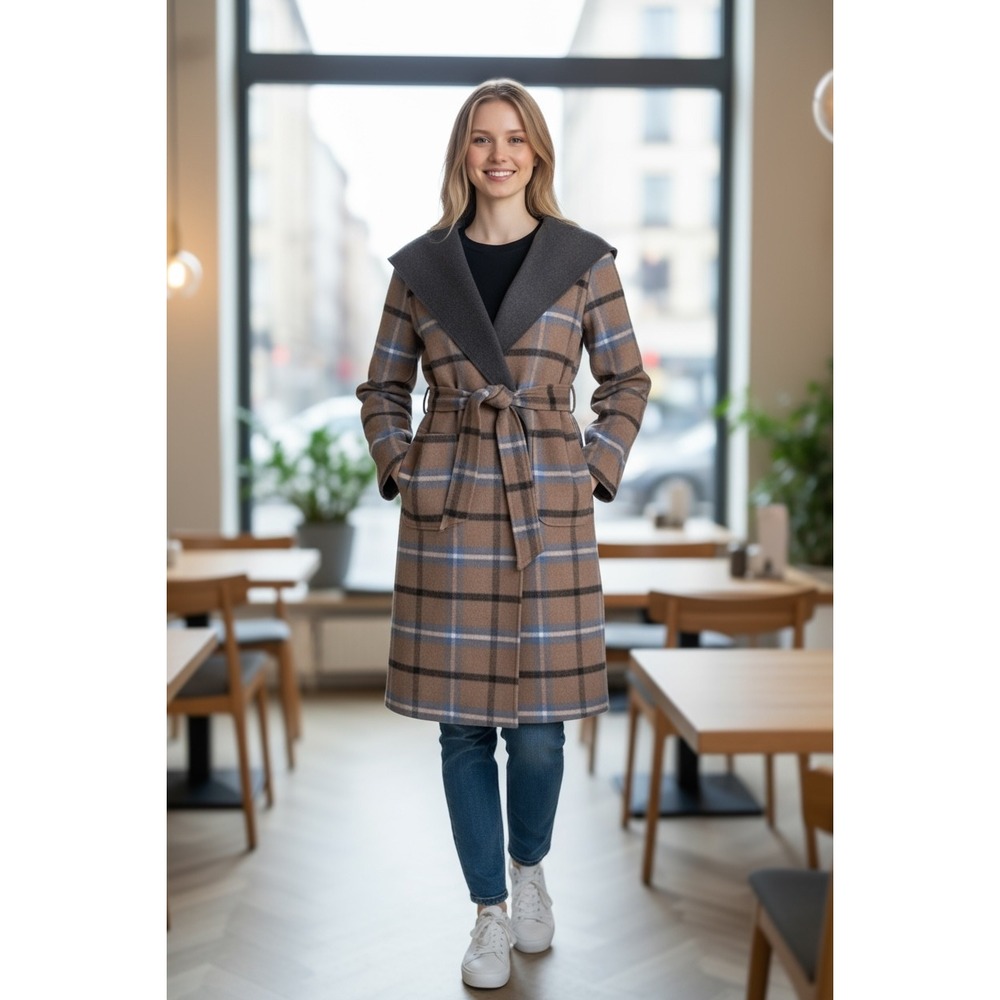NWT Elie Tahari Coat Wallace Plaid Wrap CATHEDRAL GREY SIZE M-